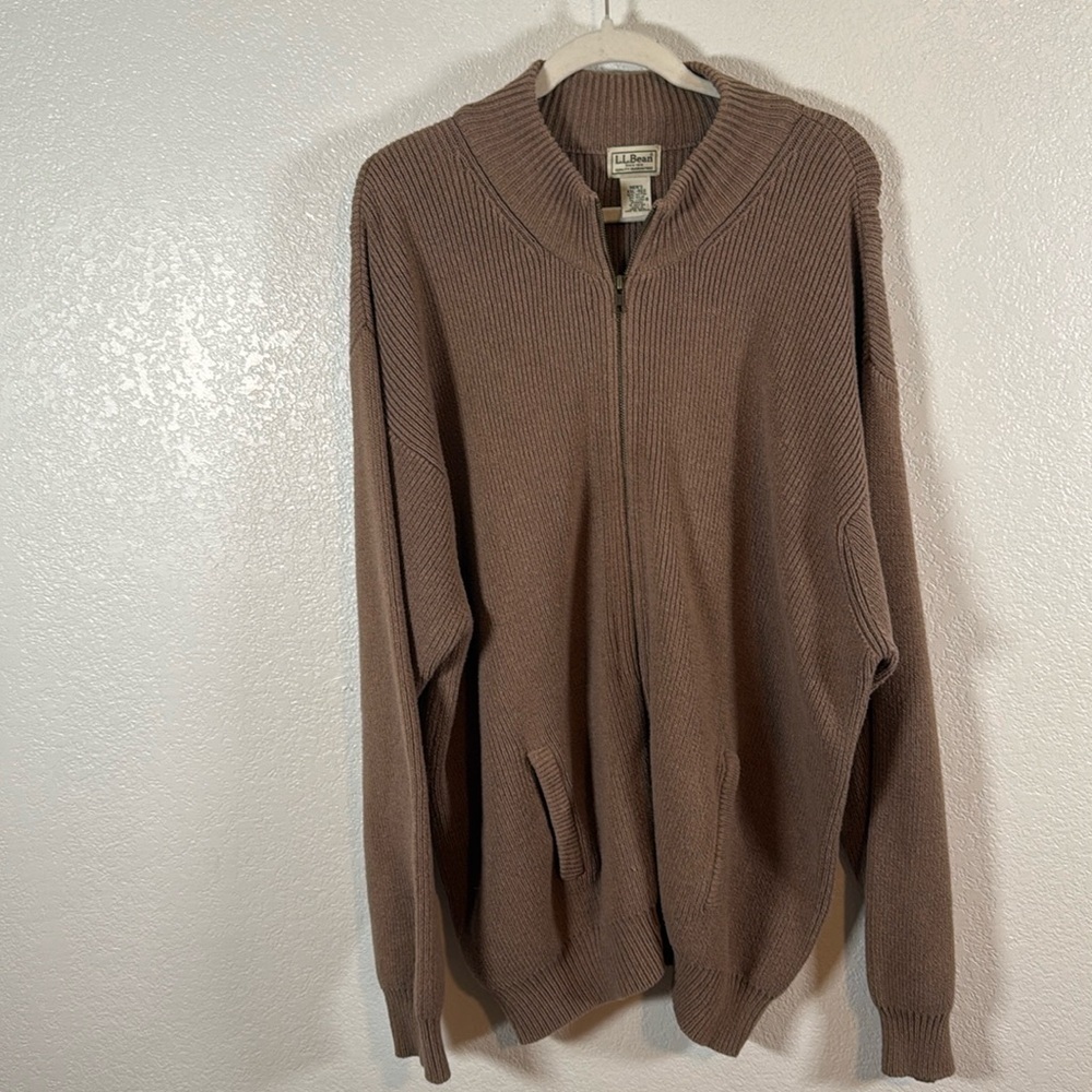 L.L. Bean Vintage Tan Ribbed Full Zip Sweater Cardigan Size XXL